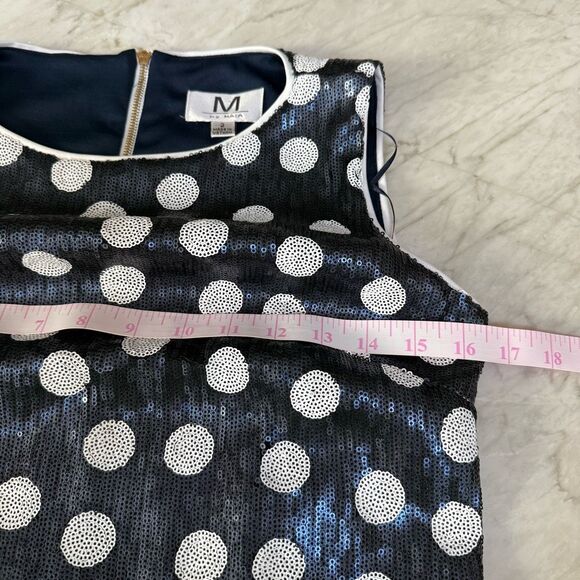 M by Maia Navy/White Stretch Sequin Polka Dot Exposed Back Zipper Sheath Dress 2 - Picture 6 of 9